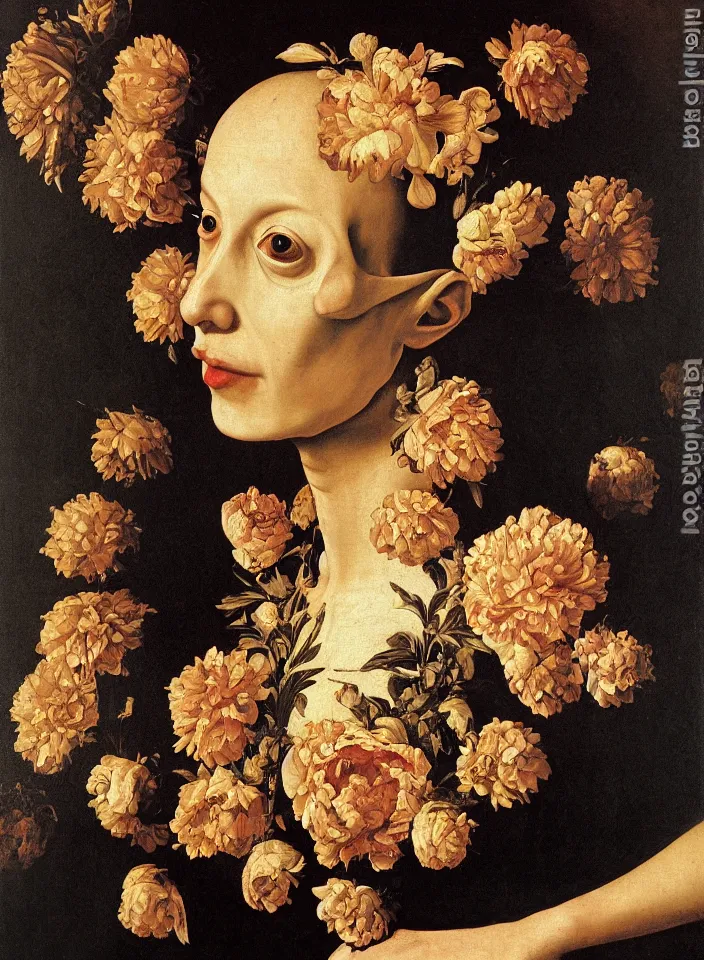 Prompt: portrait of a woman with a golden skull instead of a head in a dress of big peony petals, oil painting in a renaissance style , very detailed, painted by Caravaggio.