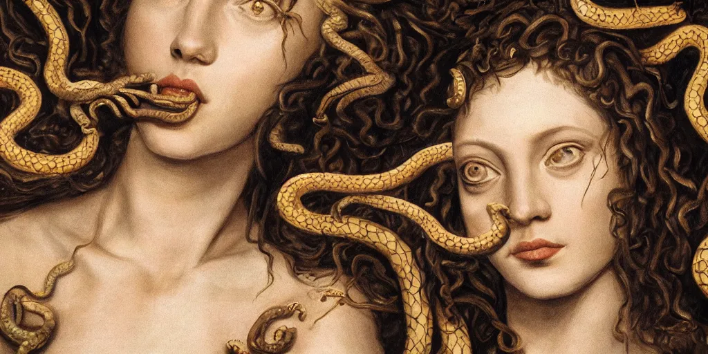 Image similar to realistic portrait of medusa with her snakes, golden, delicate, hyper realism, 1 4 5 0, ink, ultra realistic, 8 k