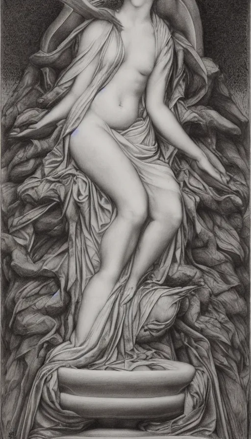 Image similar to the empress by evelyn de morgan, black and white graphite drawing, fertility, nature, sitting in a stone throne