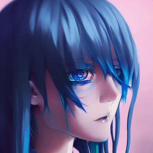 Image similar to gold eyes, long blue hair, anime girl, bangs, gothic, anime character, noir, screenshot, anime, sharp focus, intricate, illustration, cell shaded, digital painting, highly detailed, concept art, matte, art by ilya kuvshinov, wlop, greg rutkowski, studio quality, james jean, artem demura