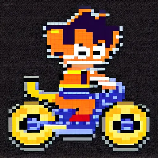 Image similar to pixel art of goku riding a bike