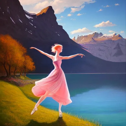 Image similar to a painting of a young woman dancing in front of a beautiful lake in switzerland, mountains on the background, high quality oil painting artstyle, feminine, delicate, hyperdetailed, in the style of anna dittmann, deviantart, figurative art, deviantart, ilya kuvshinov, lovecraftian