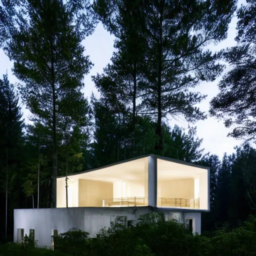 Image similar to atmospheric cozy futuristic organic white concrete house in the middle of a lush and dense forest at night, a beautiful lake next to it, night time, night sky, starry night sky