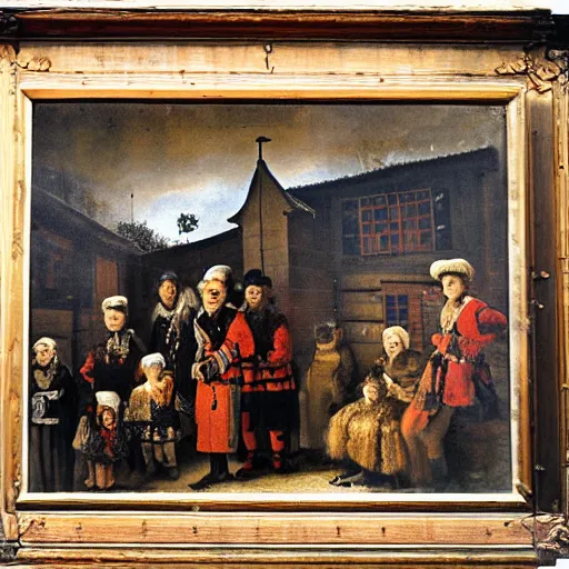 Prompt: a traditional Norwegian sami family outside their home, painted by Rembrandt, wide shot