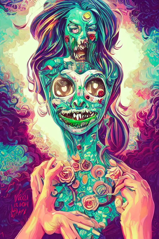 Image similar to a smiling cute zombie woman undead skin and wavy hair, tristan eaton, victo ngai, artgerm, rhads, ross draws