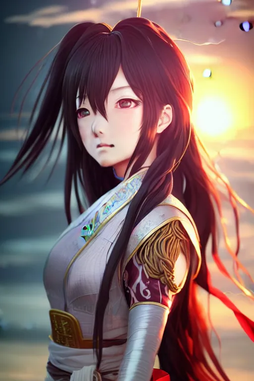 Image similar to anime key visual portrait / hyperrealistic detailed face by nixeu / ayanamikodon / greg rutkowski / tian zi, wuxia heroine, tzuyu form twice, wardrobe trending on dynasty warrior by wlop, heroine action pose sunrise, dramatic lights, soft lights, blur, 4 k octane render, artstation, pinterest, bokeh