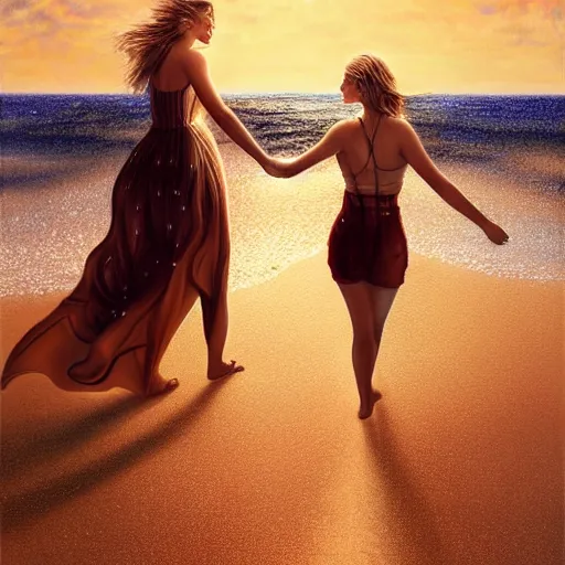 Image similar to beautiful serene intricate portrait of jennifer lawrence and jennifer lawrence, walking togetheron the beach, golden hour, soft focus, 8 k, art by irakli nadar, hyperrealism, hyperdetailed, ultra realistic