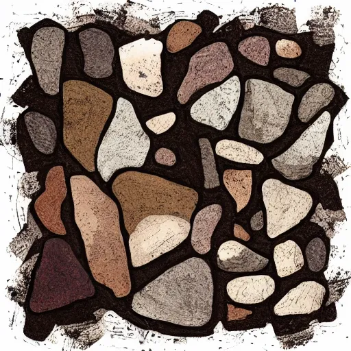 Image similar to masterpiece intricate abstract painting of hundreds of small square rocky shapes emerging in rich earthy tones. abstract quality with an engineered look. wind blown sketch lines. even light.