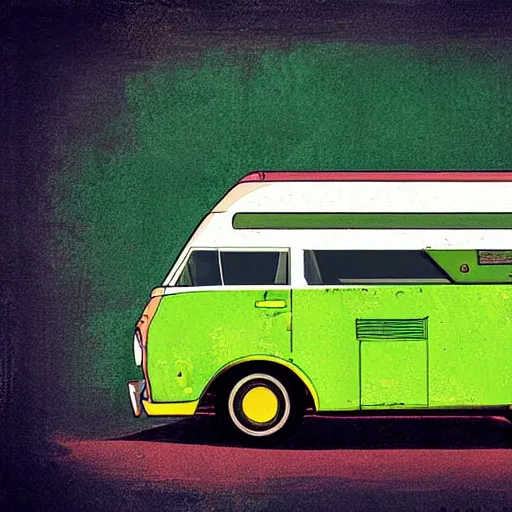 Image similar to retro painting illustration of a volswagen van, 2 d, pastel color, green, yellow, green, retro style art, trendy on artstation