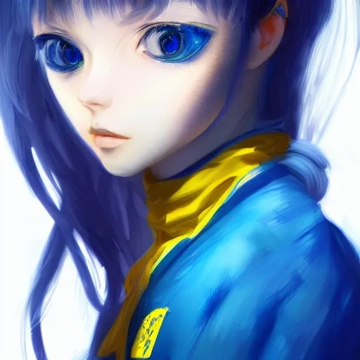 Image similar to a portrait of anime ukrainian blue and yellow girl, concept art, trending on artstation, highly detailed, intricate, sharp focus, digital art, 8 k