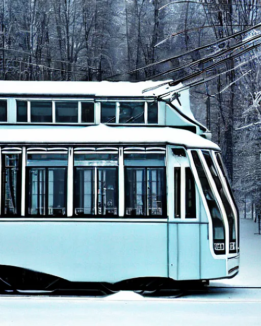 Image similar to tatra t 3 tram, ussr czech republic, side view, ice patterns on windows, winter, frost, around the city, evening, snow, into the art style and print