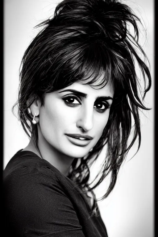 Image similar to photo portrait of penelope cruz, realistic, black and white, in style of phil borges