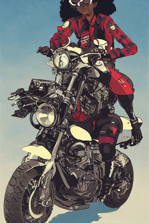 Image similar to black woman with goggles riding motorbike, afro hair, ilya kuvshinov, jamie hewlett, yoji shinkawa, muted colors, clean lines, bold linework, beautiful detailed illustration, 17th century oil painting, flat colors, studio ghibli, cel shading,