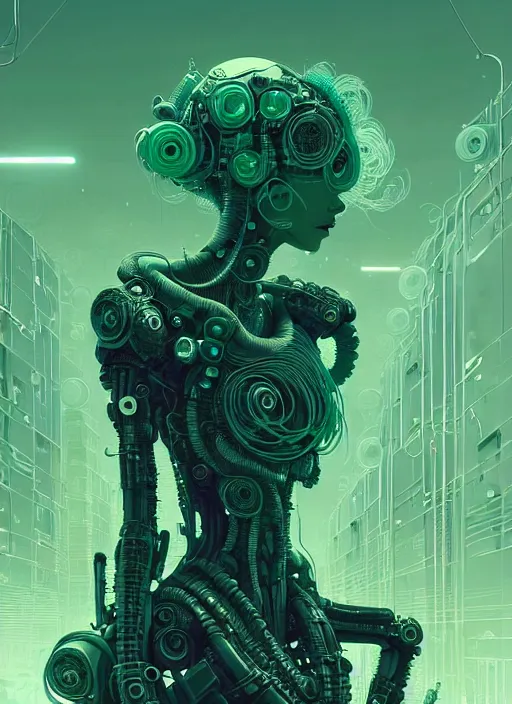 Image similar to highly detailed portrait of a biopunk long curly white hair tribal lady, stray wiring by atey ghailan, james gilleard, by joe fenton, by greg rutkowski, by greg tocchini, by kaethe butcher, 4 k resolution, gradient green, black and white color scheme!!! ( ( green irradiated robotic dystopian city background ) )