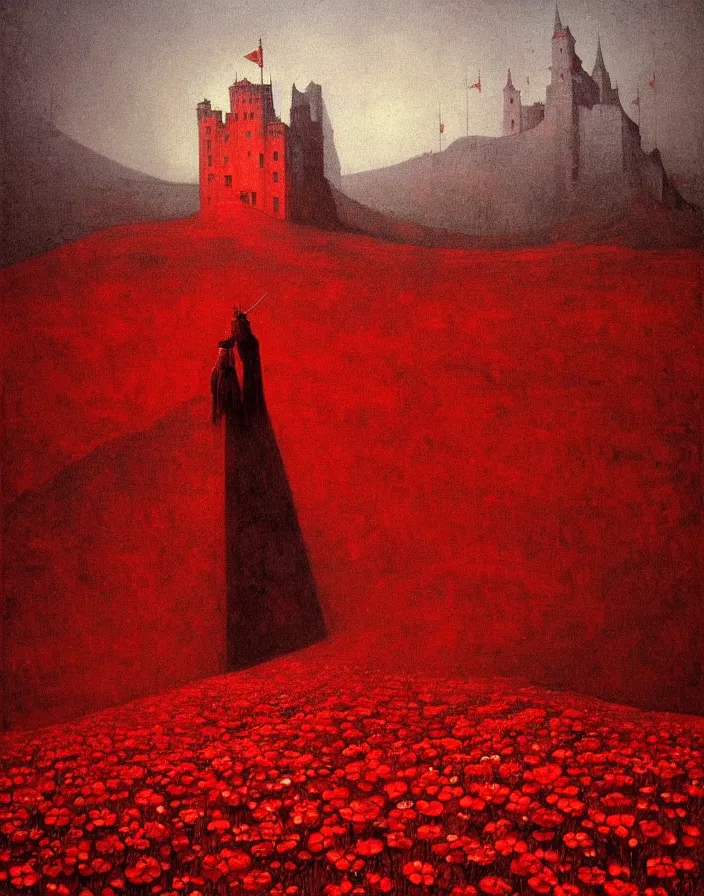 Image similar to only with red, red flowers, a red tiger, a castle in the background, medieval demons, an ancient path, in the style of beksinski, part by hopper, part by rodcenko, part by hofbauer, intricate composition, red by caravaggio, insanely quality, highly detailed, masterpiece, red light, artstation