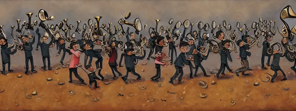 Prompt: painting of a line of children throwing brass instruments into a pile, unsaturated, sad, dreary, tim burton style, dark