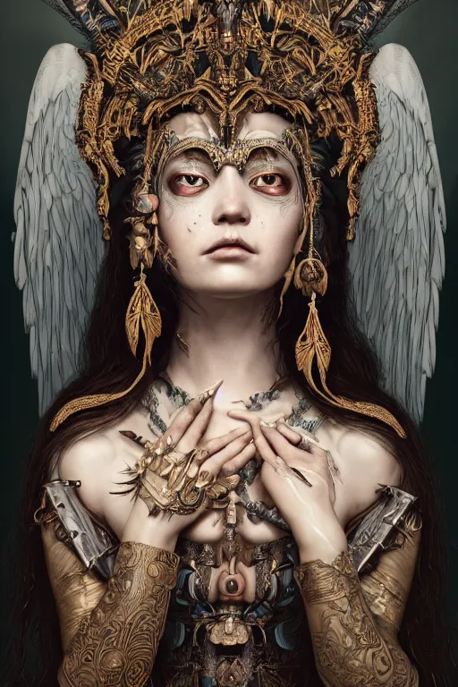 Image similar to A masterpiece ultrarealistic portrait of a Irristible angel princess tribal-shaman-knight-witch-ghost with Skull Iron mask. baroque renaissance girl in the night forest. medium shot, intricate, elegant, highly detailed. trending on artstation, digital art, by Stanley Artgerm Lau, WLOP, Rossdraws, James Jean, Andrei Riabovitchev, Marc Simonetti, Yoshitaka Amano. background by James Jean and Gustav Klimt, light by Julie Bell, 4k, porcelain skin.