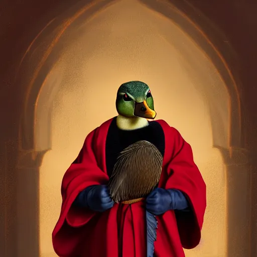 Image similar to portrait of cute mallard duck, wearing cultist red robe, inside a castle, black feathers, glowing arcane eyes, very detailed black feathers, ultra detailed, expressive oil painting digital art, 8 k, octane render, trending on art station, epic castle scene