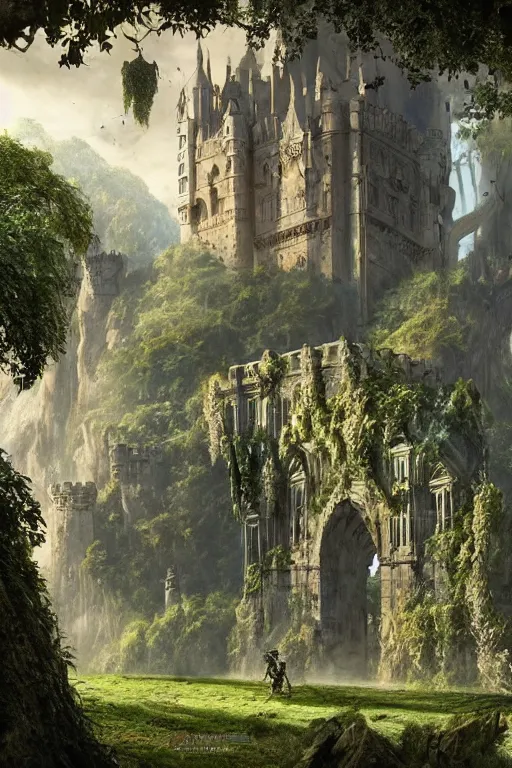 Image similar to gigantic castle, arches adorned pillars, towers, archways, gnarly trees, lush vegetation, forrest, landscape, alex ross, neal Adams, david finch, , concept art, matte painting, highly detailed, rule of thirds, dynamic lighting, cinematic, detailed, denoised, centerd