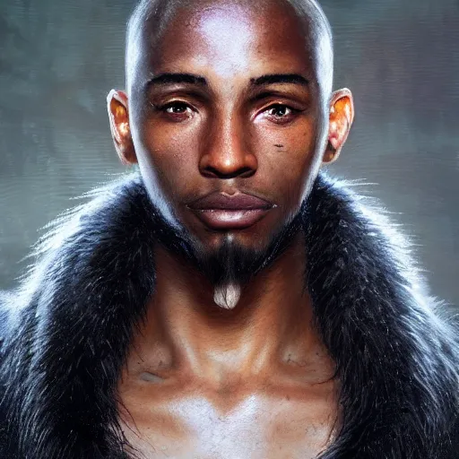 Image similar to portrait painting of a beautiful black man with cut scars and cropped hair wearing a tattered fur coat, ultra realistic, concept art, intricate details, eerie, highly detailed, photorealistic, octane render, 8 k, unreal engine. art by artgerm and greg rutkowski and charlie bowater and magali villeneuve and alphonse mucha