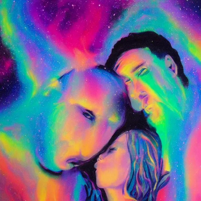 Prompt: close portrait of woman and man kissing. aurora borealis. iridescent, vivid psychedelic colors. painting by leon spillaert