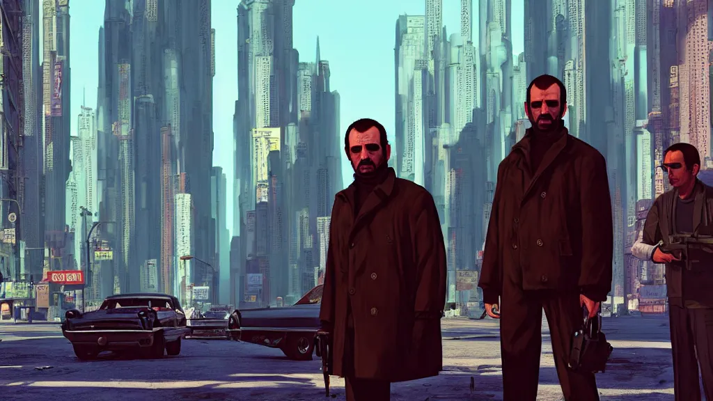 Prompt: vibrant aesthetic highly detailed photography of characters in gta iv scene, characters with hyperrealistic highly detailed faces. from dune ( 2 0 2 1 ) by alejandro hodorovski and denis villeneuve and gregory crewdson style with many details by mike winkelmann and vincent di fate in sci - fi style. volumetric natural light hyperrealism photo on dsmc 3 system