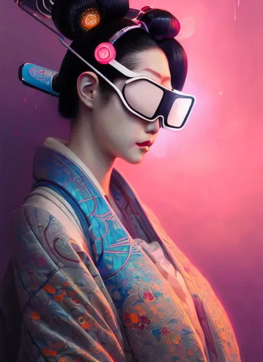 Image similar to wide angle portrait shot of female japanese android wearing a vr eyewear and a very detailed and intricate geisha kimono dress, intricate detail, cyber neon lighting, highly detailed, artstation, glamor pose, concept art, art by peter mohrbacher and boris vallejo and liam wong, pinterest, artstation, digital painting,