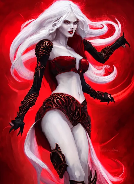 Image similar to a highly detailed illustration of fierce beautiful long white haired horned demon woman wearing red and black battle dress, dramatic power pose, perfect face, perfect body, intricate, elegant, highly detailed, centered, digital painting, artstation, concept art, smooth, sharp focus, league of legends concept art, wlop.