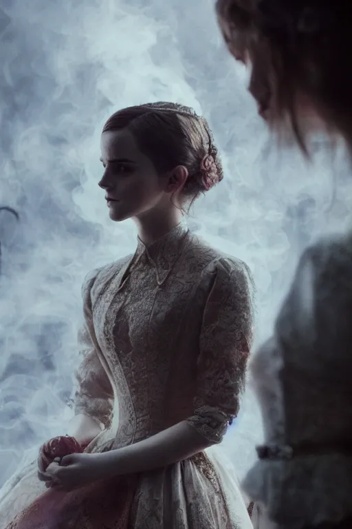 Image similar to 3 5 mm colour, mix of of emma watson and anya taylor - joy, evil princess, hyperrealism, octane render, extremely detailed, intricate smoke magic, lace, silk, style of david cronenberg, earl nore, hyung tae, frank frazetta