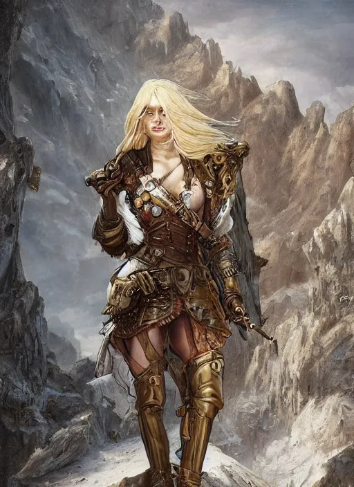 Image similar to highly detailed steampunk armor on a blond who is standing on a rock : leonardo da vinci, greg rutkowski, magali villeneuve