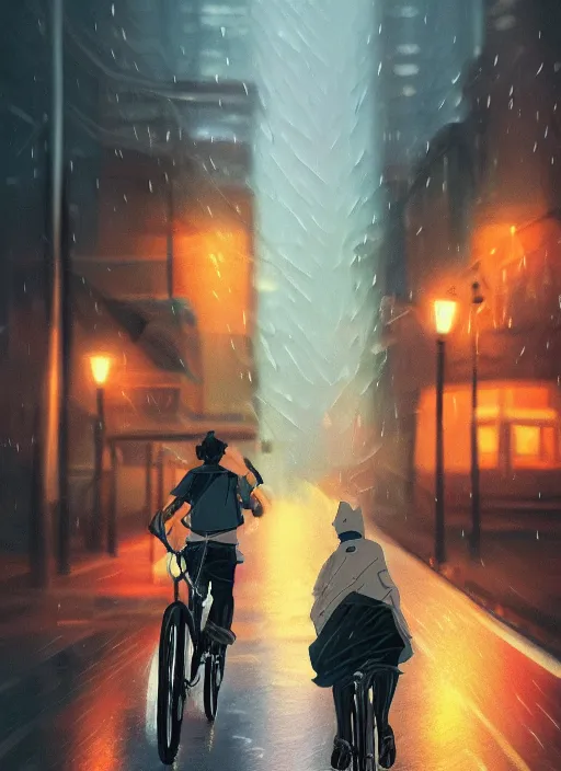 Prompt: uber eats delivery driver on a bicycle, night, rain, lofi, lofi, peaceful, street light, anime key visual, poster, street wears, anime, by wlop, high quality, 4 k, trending, trending on artstation