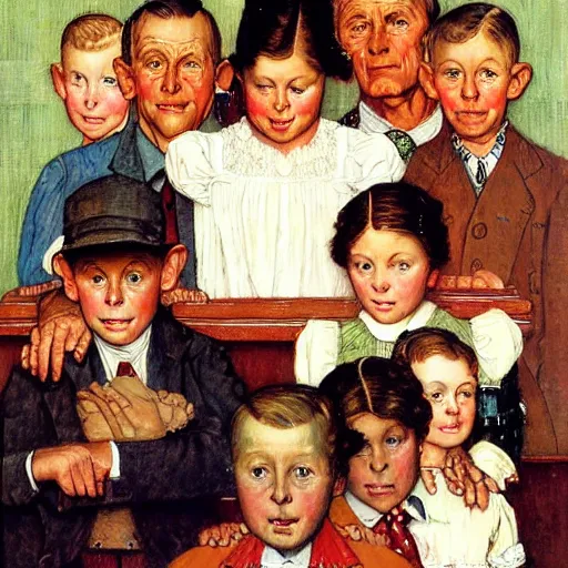 Image similar to A portrait of family of six. Man and wife, kids aged two, eight, twelve, fourteen. A painting by Norman Rockwell.