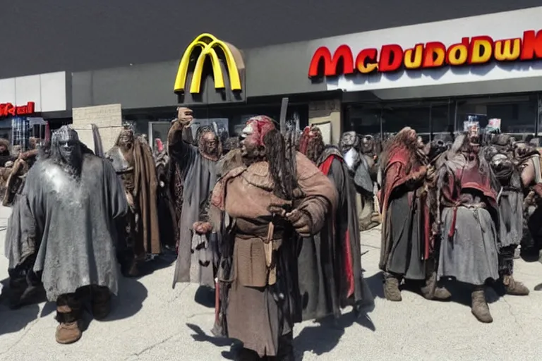 Image similar to cellphone photograph of lord of the rings uruk - hai and orcs protesting the working conditions at a mcdonalds parking lot in the daylight. dirty mcdonalds uniforms, aprons. picket signs and battleaxes in hand