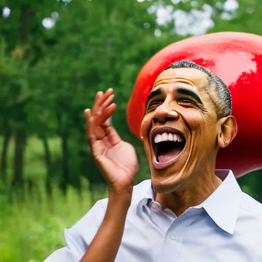 Prompt: portrait photo of Obama finding a giant red mushroom, exhilarated, portrait, closeup. mouth open, 30mm, bokeh