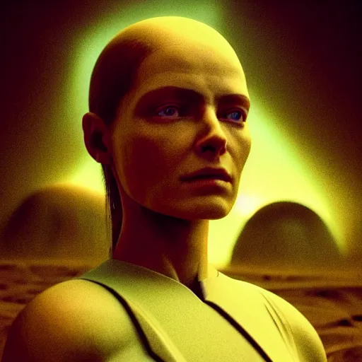 Prompt: colour aesthetic highly detailed photography scene, characters with hyperrealistic highly detailed faces. from dune ( 2 0 2 1 ) by alejandro hodorovski and denis villeneuve and gregory crewdson style with many details by andrei tarkovsky and caravaggio in sci - fi style. volumetric natural light hyperrealism photo on red dsmc 3 system rendered in vray