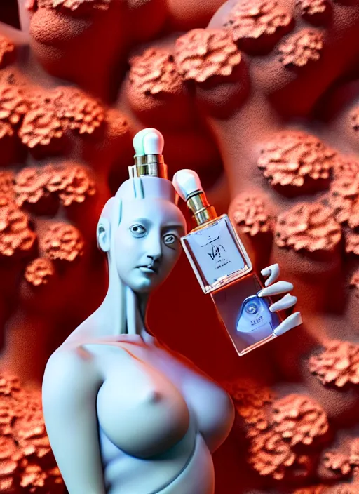 Image similar to biomechanical corals, daisies, well contoured smooth fair walls with marble statue carrying a bottle of perfume, up close shot, sharp focus, global illumination, radiant light, alexandre ferra white mecha, irakli nadar, octane highly render, 4 k, ultra hd,