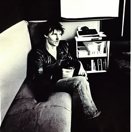 Prompt: Polaroid of Tom Cruise casually watching movies 1983