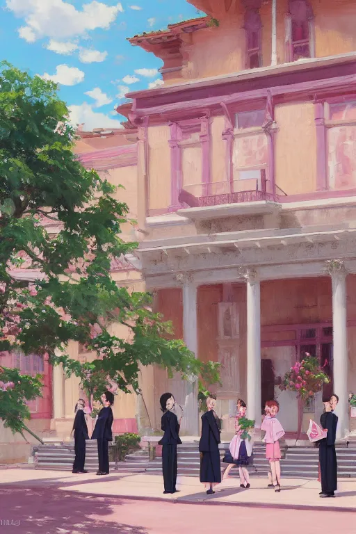 Image similar to painting of ouran highschool host club academy, front view, calm, afternoon day, roman architecture, pink marble building, dynamic lighting, landscape, bright, artwork by jeremy lipkin and giuseppe dangelico pino and michael garmash and rob rey and greg manchess and huang guangjian and makoto shinkai, pixiv, sharp edges, simple form, 1 0 0 mm