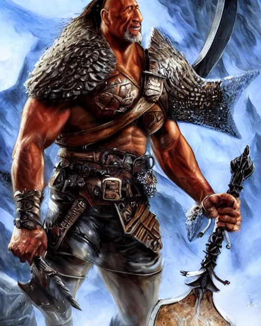 Image similar to close up shot of dwayne johnson with battle axe, dnd, high fantasy. royo, artgem, wlop