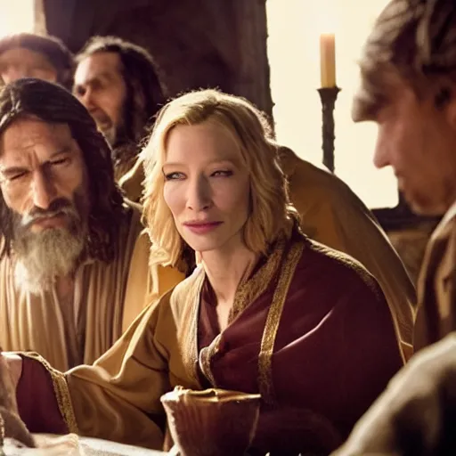 Prompt: cate blanchett as Jesus in the last supper