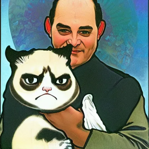 Image similar to “ george costanza from seinfeld holding grumpy cat aloft, halo, art nouveau, by alphonse mucha ”