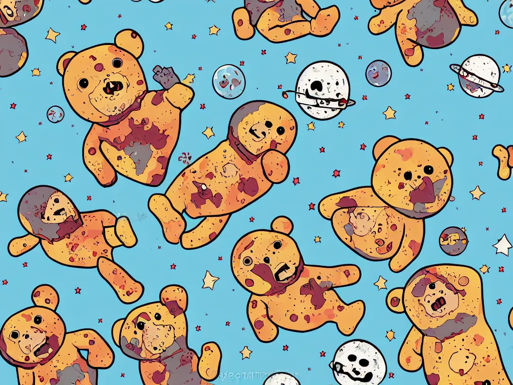 Prompt: happy zombie teddy bears floating in space, cartoon illustration, detailed, sarcastic