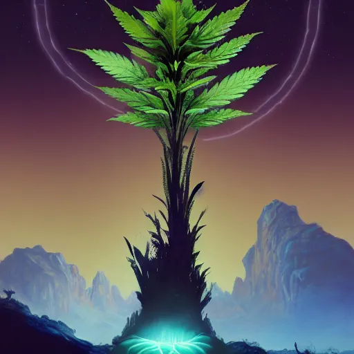 Image similar to a huge cannabis plant in a dark fantasy landscape. bioluminescence. godrays. volumetric light. acryl painting. trending on artstation.