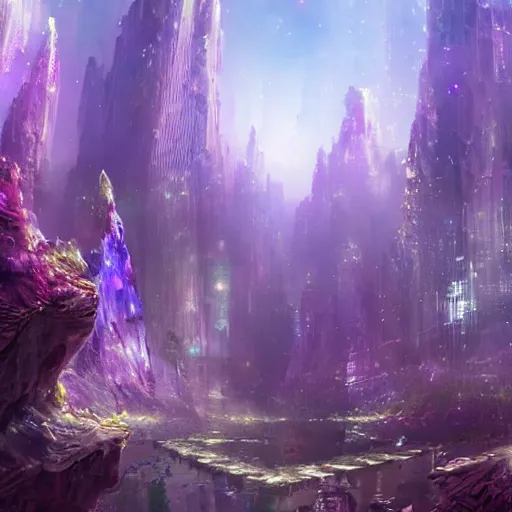 Prompt: ultra high definition nature documentry footage of an ethereal cityscape made of towering amethyst and opal crystals, concept art, artstation