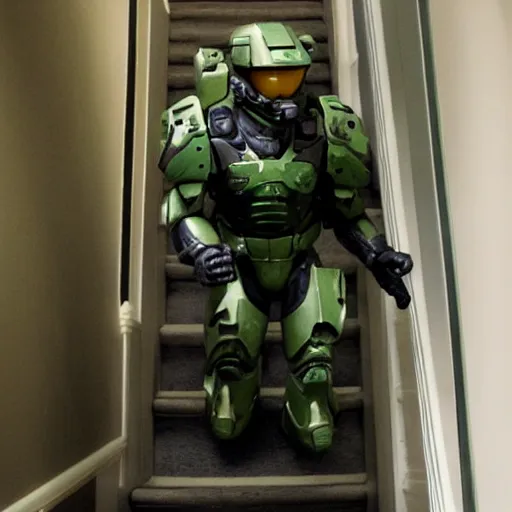 Image similar to master chief falling down a flight of stairs