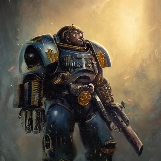 Prompt: space marine, warhammer 4 0 k, high detail, dramatic light, digital art, painted by seb mckinnon, painted by greg rutkowski, trending on artstation