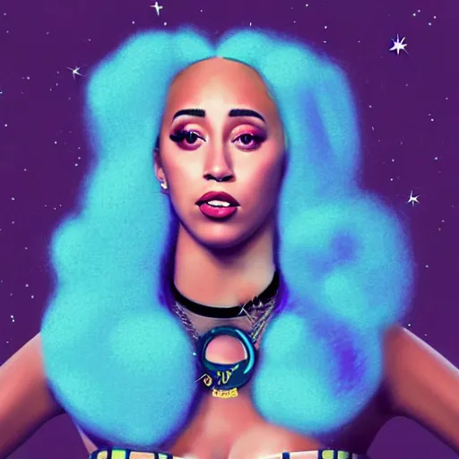 Image similar to paparazzi photo of Doja Cat on basketball court in outer space, beautiful beautiful beautiful beautiful beautiful beautiful beautiful digital art, a full body portrait, looking at camera, D&D, choker on neck, stylish, very long flowing hair, intricate, elegant, stylish, cute slightly nerdy smile, mouth slightly open, fantasy, extremely detailed, digital painting, artstation, concept art, smooth, sharp focus, illustration, stunning lighting, art by artgerm and greg rutkowski and alphonse mucha and simon stalenhag