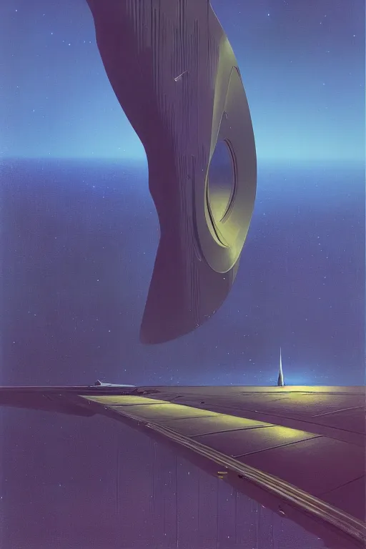 Image similar to emissary space by arthur haas and bruce pennington and john schoenherr, cinematic matte painting, zaha hadid building, photo realism, dark color palate, blue hour stars,