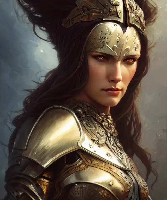 Image similar to Muscular and powerful medieval knight woman portrait, sci-fi, amber eyes, face, long hair, fantasy, intricate, elegant, highly detailed, digital painting, artstation, concept art, smooth, sharp focus, illustration, art by artgerm and greg rutkowski and alphonse mucha