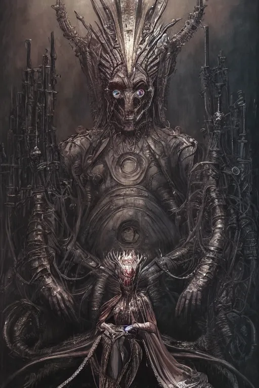 Prompt: portrait of queen elizabeth the first by hr giger, greg rutkowski, luis royo and wayne barlowe as a diablo, resident evil, dark souls, bloodborne monster